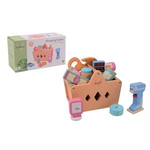 Drewniany kosz z zakupami i skanerem