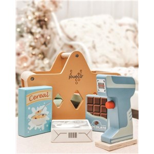 Drewniany kosz z zakupami i skanerem