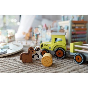 Drewniany traktor z przyczepą i zwierzętami JOUECO
