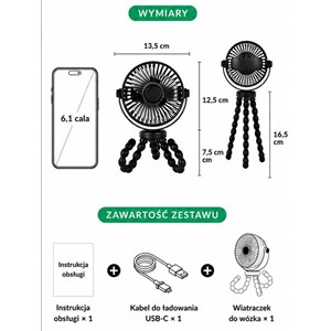 Bezprzewodowy wiatraczek 360° do wózka USB-C TB